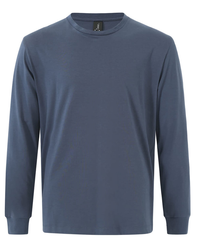 A long-sleeve tee shirt in navy blue with a round neck and a small logo on the label.