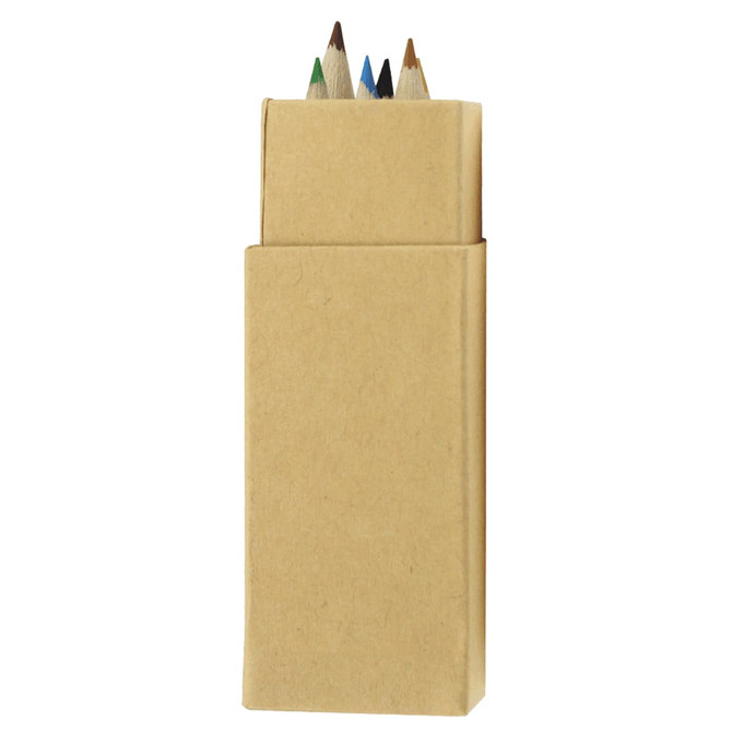 A coloured pencil set containing six pencils in various colours, packaged in a simple cardboard box.