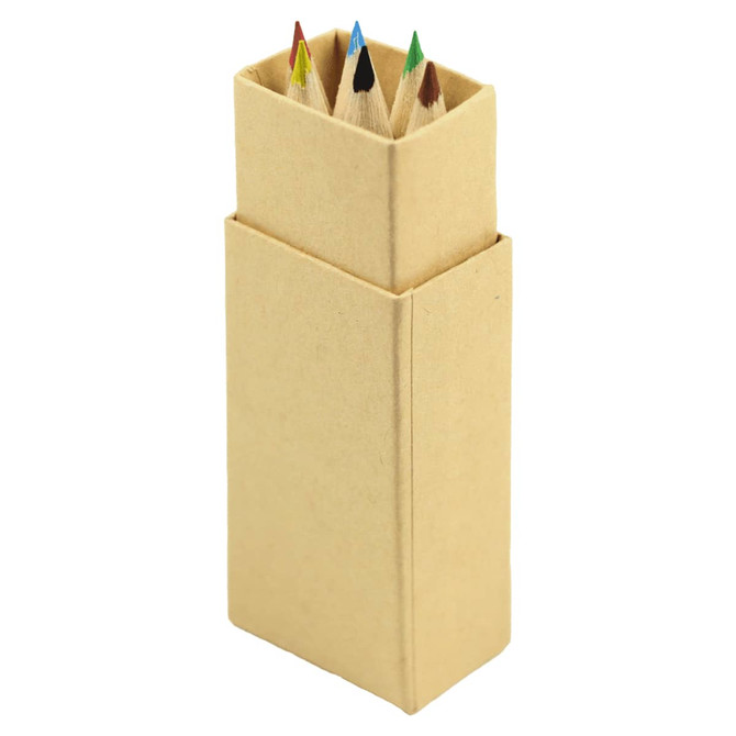 A set of six coloured pencils in a rectangular cardboard holder, featuring various colours including red, green, and blue.