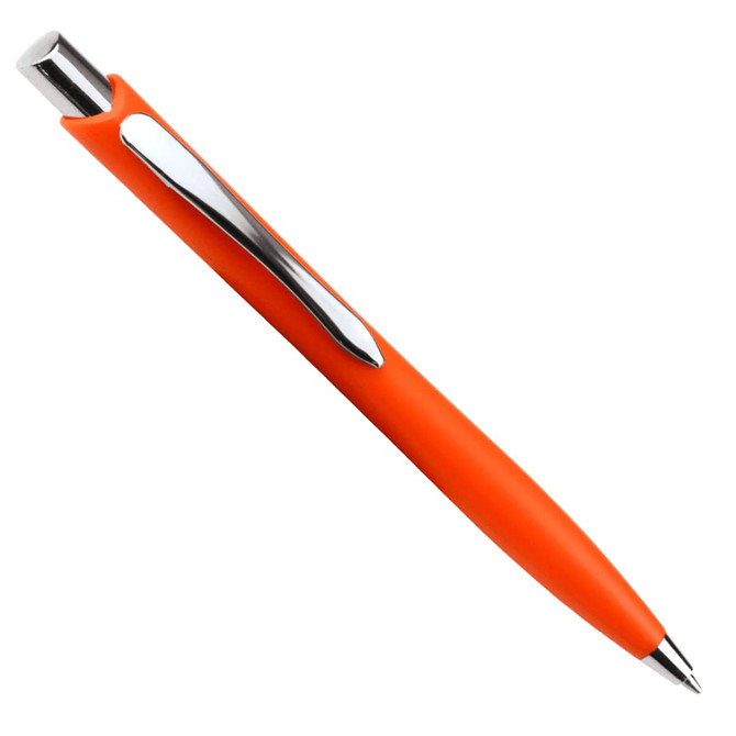 An orange ballpoint pen with a chrome clip and a smooth, rubberised grip. It features a logo on the surface.