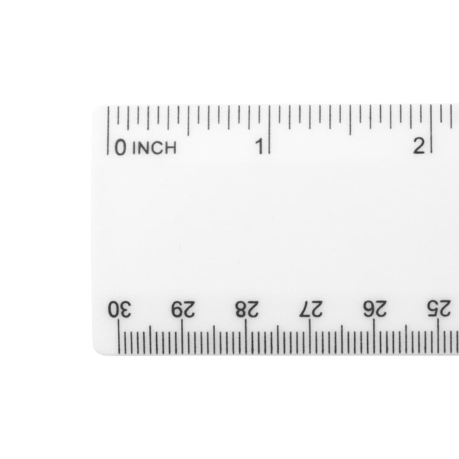 A 30cm ruler in white with black metric and imperial measurements and a branding logo.