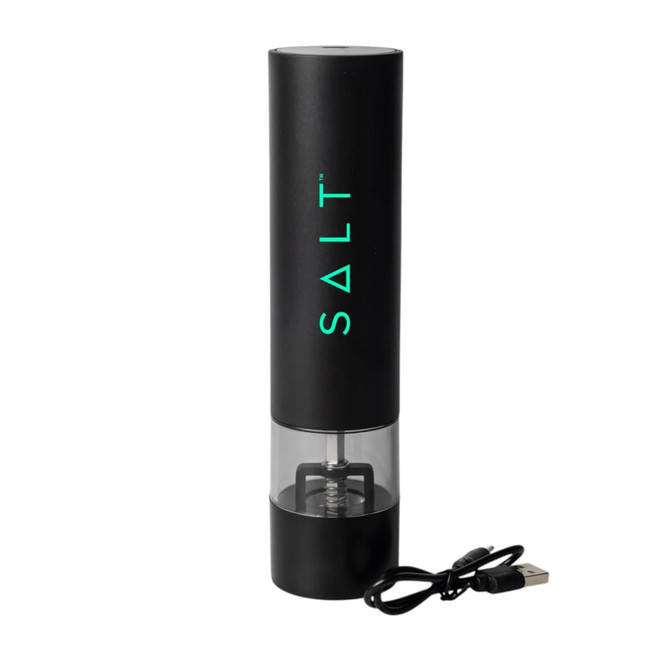 A black rechargeable salt grinder with a transparent chamber and a USB charging cable.