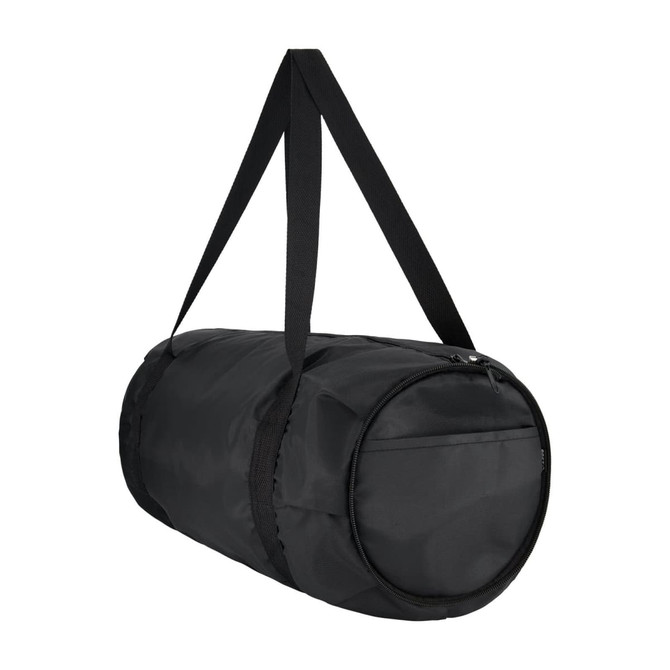 A black duffle bag with a zippered closure and a side pocket, featuring a shoulder strap.
