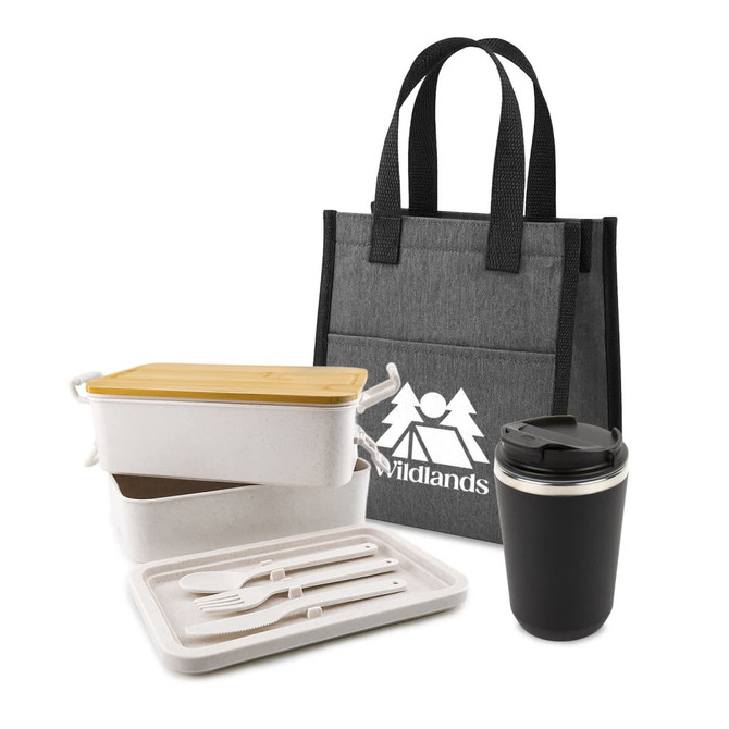 A black drink bottle, grey tote bag, two food containers with bamboo lids, and cutlery set. The bag features a logo.