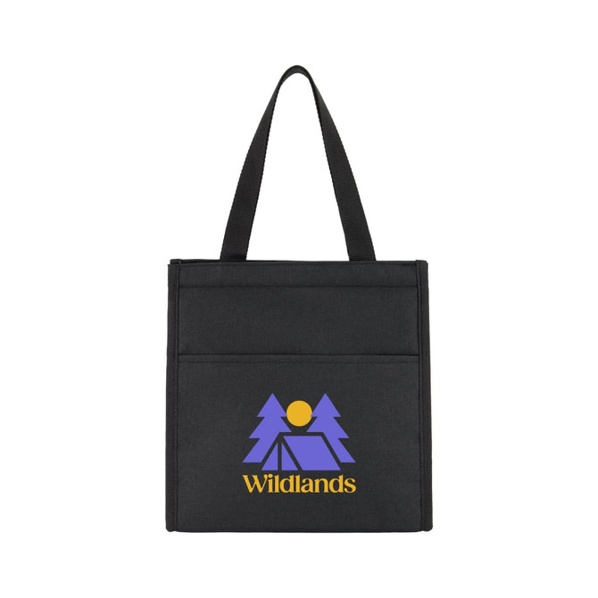 A black cooler bag featuring a logo with trees and a tent design. The bag has two sturdy handles.
