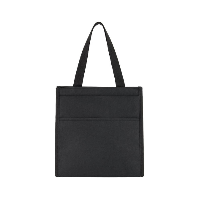 A black cooler bag with a simple design, featuring two front pockets and dual carrying handles.