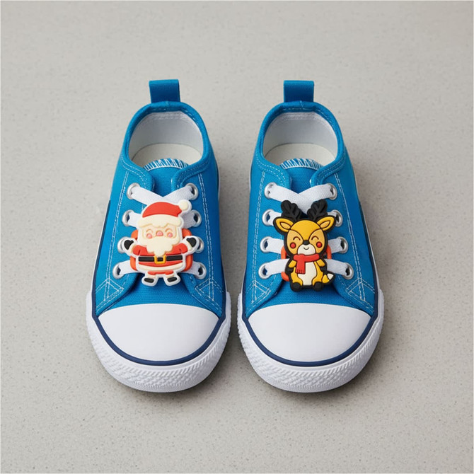 A pair of blue shoes featuring custom shoe charms with Santa and a reindeer design.