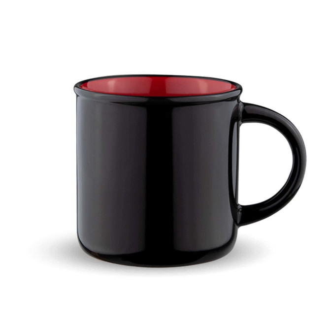 A coffee mug with a black exterior and a red interior, featuring a handle and a smooth finish. It has a logo.