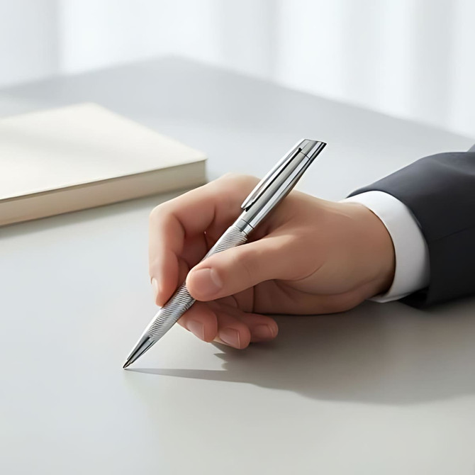 A silver metal pen held in a hand, resting on a grey surface with a book nearby. The pen has a sleek design and a logo.