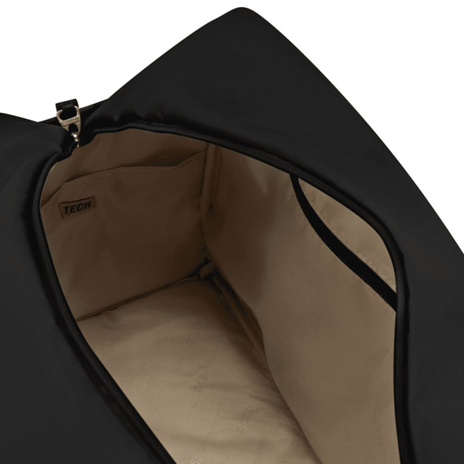 A black duffle bag with an open top and beige interior, featuring an inner pocket. It has a branded logo.
