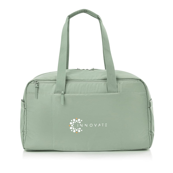 A light green duffle bag with a logo, featuring two handles and zippered compartments.