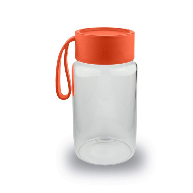 A drink bottle made of clear glass with an orange lid and a matching handle. It features a branding logo.