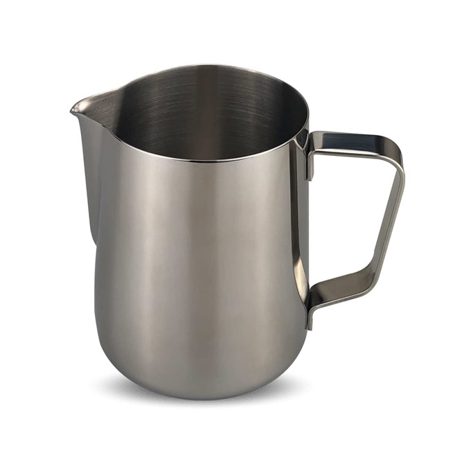 A stainless steel milk jug with a pouring spout and a handle, perfect for tea and coffee accessories.