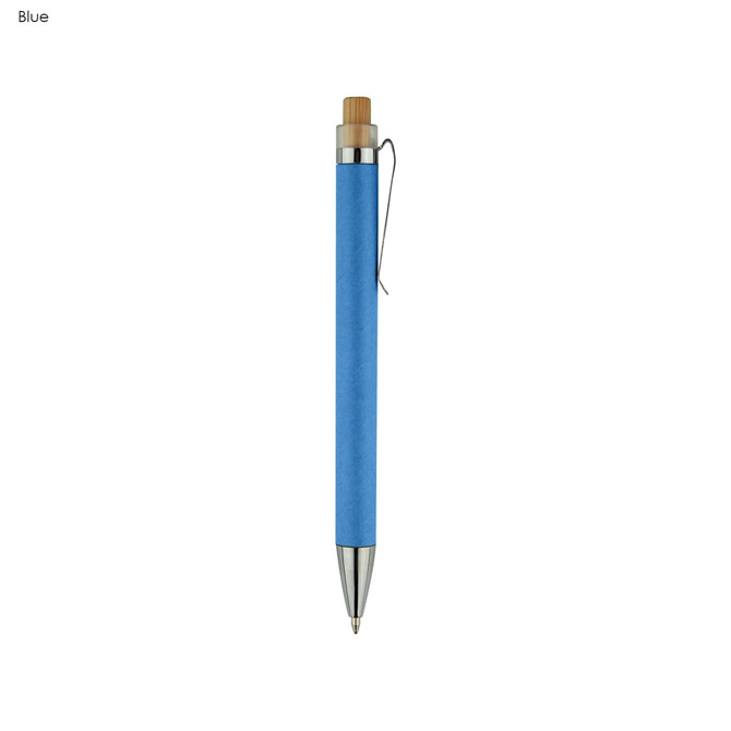 A blue recycled cardboard pen with a silver tip and a wooden detailing on the top, featuring a clip.