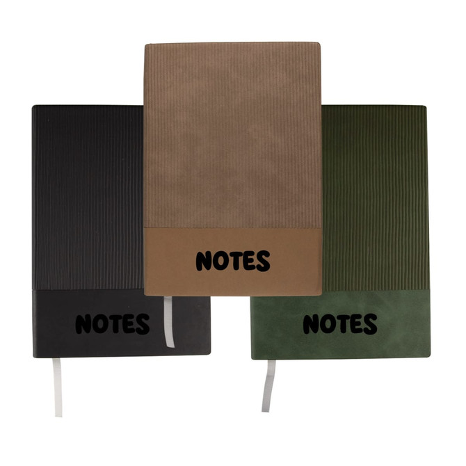 A notebook set featuring three A5 notebooks in black, brown, and green, each with a textured cover and a logo.