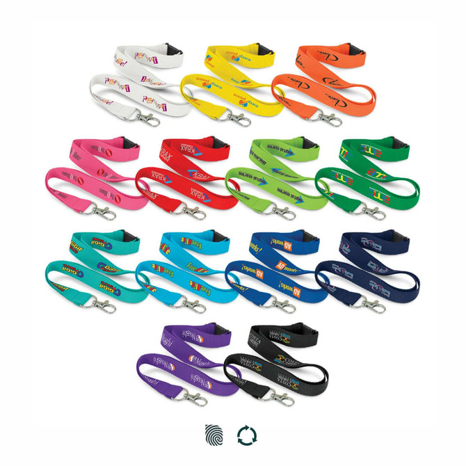A collection of RPET lanyards in various colours including pink, yellow, green, and blue, featuring different logos.