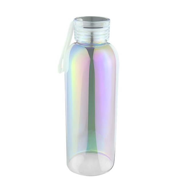 A drink bottle in a transparent, iridescent finish with a white lid and a loop for easy carrying.