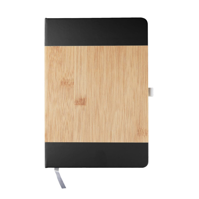 A notebook with a bamboo cover and black accents, featuring a ribbon bookmark and a logo.