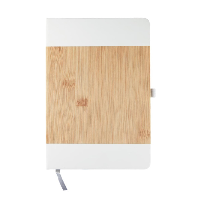 A notebook with a bamboo cover and white accents, featuring a grey ribbon bookmark.