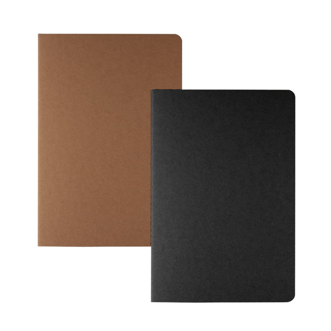 Two Eterna Notebooks, one in brown and one in black, featuring a simple design and rounded corners.