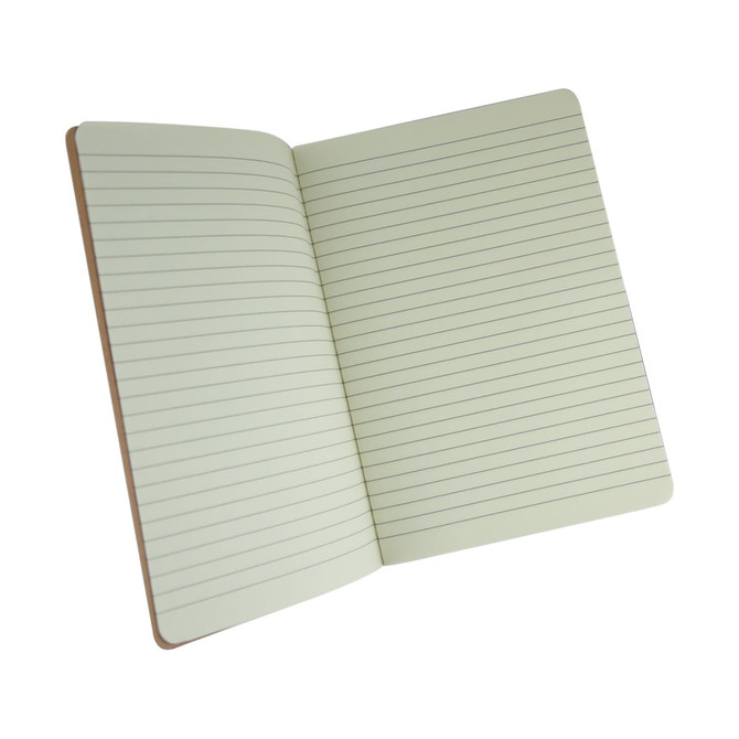 An open, lined notebook featuring a soft green interior and a brown cover.