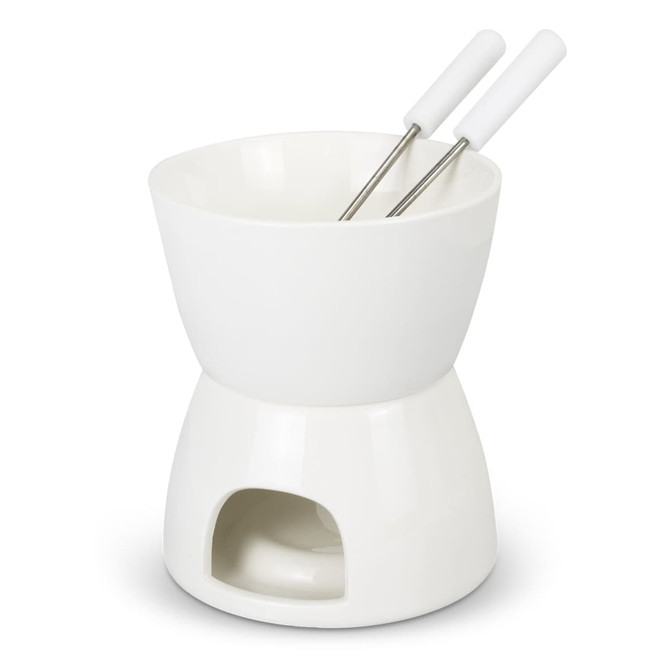 A white mini fondue set featuring a bowl, base, and two stainless steel forks.