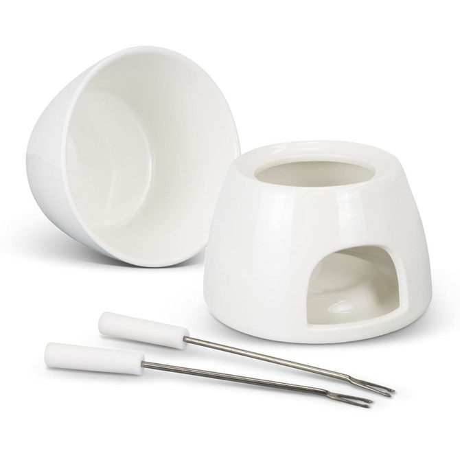 A white mini fondue set featuring a ceramic bowl, base, and two fork utensils.
