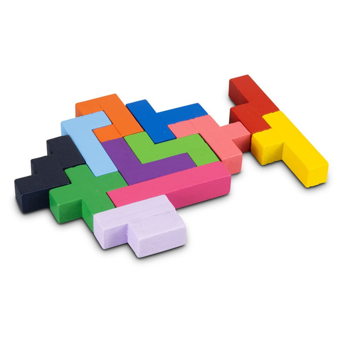 A colourful wooden pentomino puzzle featuring various geometric shapes in red, blue, green, yellow, pink, purple, and black.