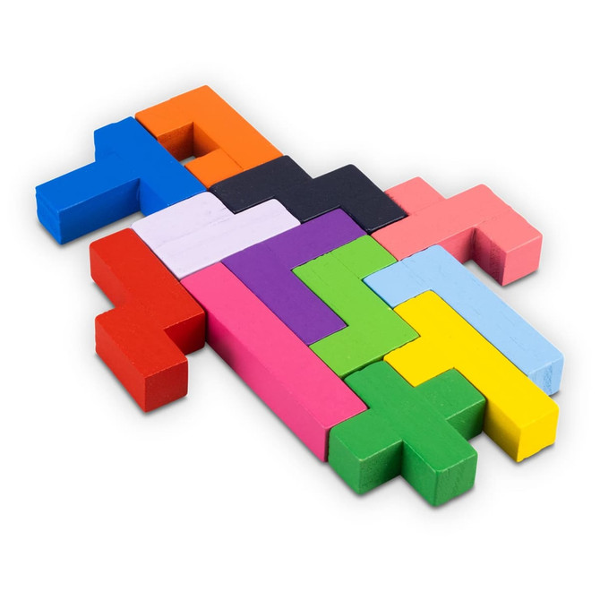 A set of colourful wooden pentomino puzzle pieces arranged in a pattern. The pieces are in various shapes and colours.
