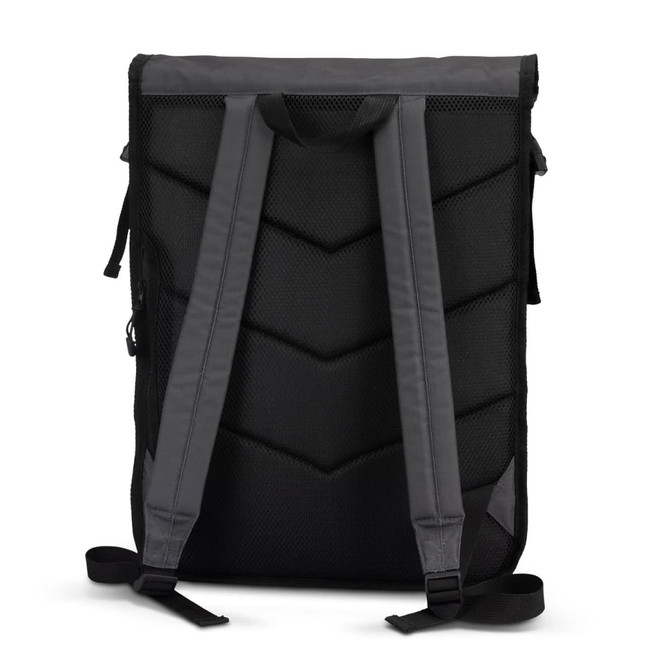 A black Fjord Backpack with grey straps and a textured back panel. It features a logo on the side.