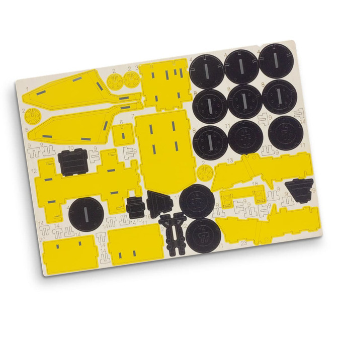 A wooden model kit featuring yellow and black pieces for constructing a mining truck. Includes various shaped components.