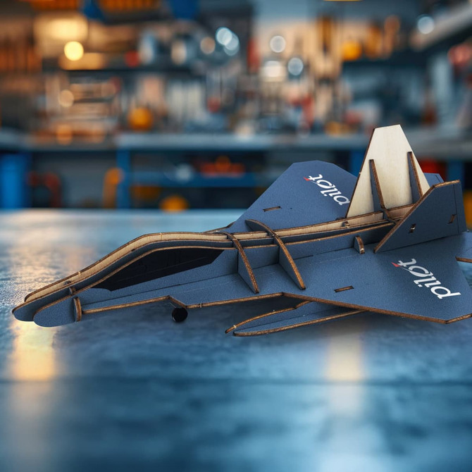 A wooden model of a jet fighter in grey and natural wood, featuring an identifiable logo, set against a workshop background.
