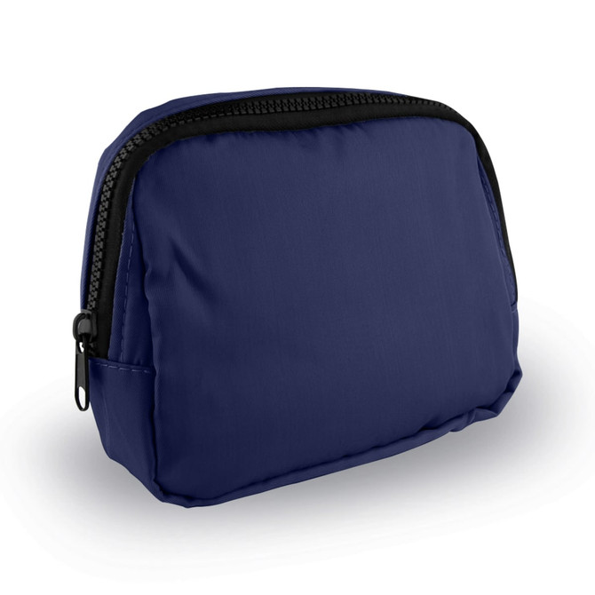 A navy blue belt bag with a zip closure and a simple design, featuring a small logo on the side.