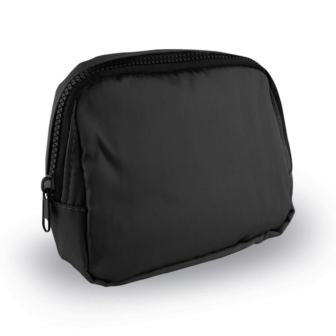 A black Go-Mate Belt Bag with a zippered closure and a smooth, matte finish. Features branding on the exterior.