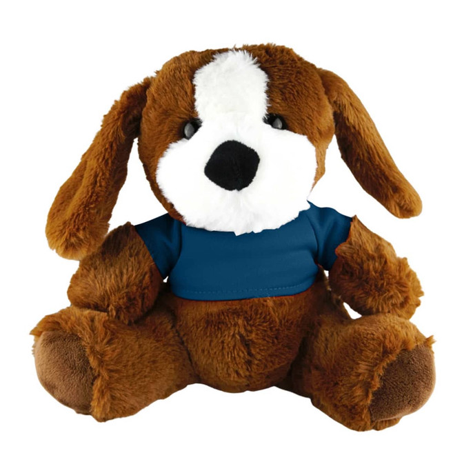A brown plush dog with floppy ears and a blue shirt, featuring a white patch on its face.