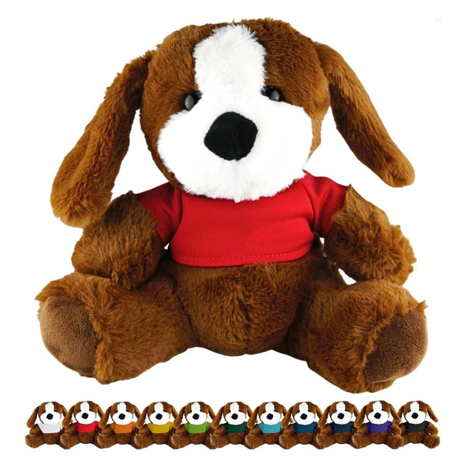 A brown plush dog with floppy ears, wearing a red shirt, seated among smaller plush dogs in various colours.