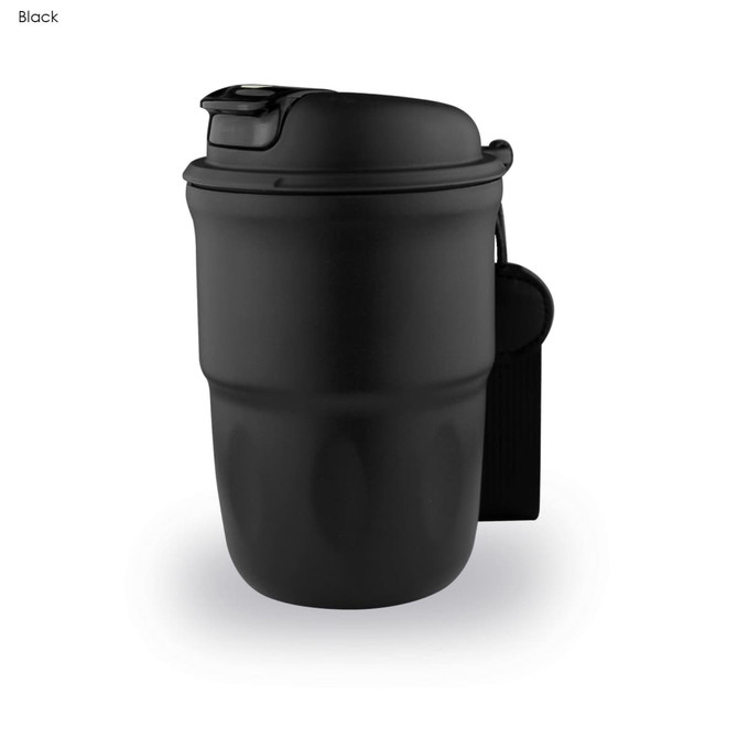 A black double wall coffee mug with a lid and a handle, featuring a sleek design and a branded logo.