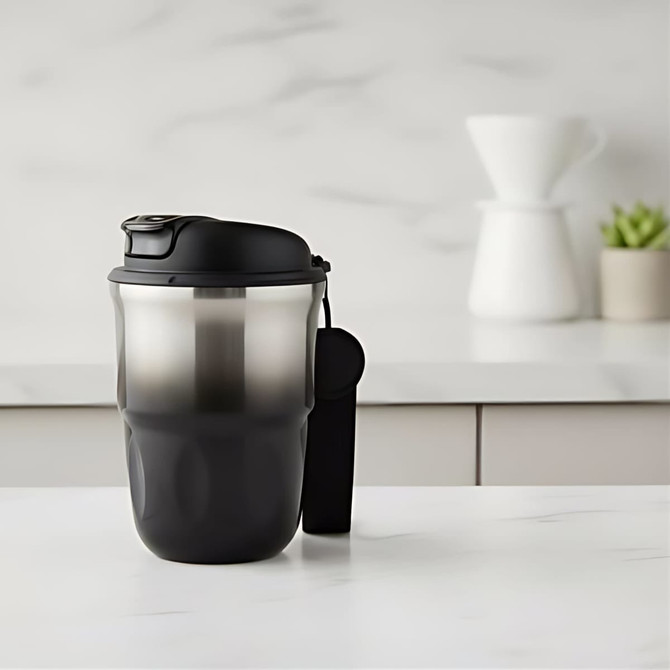 A double wall coffee mug in black and stainless steel, featuring a lid and a handle, set against a minimalist background.