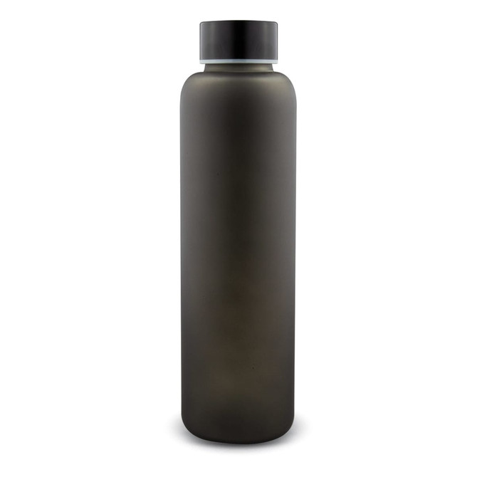 A drink bottle featuring a sleek matte black design and a silver lid, with a branding logo.