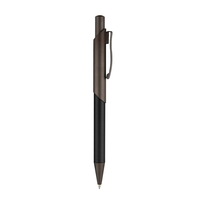 A metal pen with a sleek black and bronze design, featuring a clip and a pointed tip. It includes a logo.