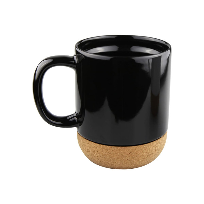 A black mug with a cork base, featuring a smooth, glossy finish and a sturdy handle. It includes a logo.