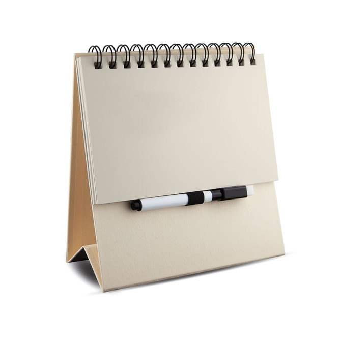 A beige Memo Whiteboard Notepad with a spiral binding and a black and white marker attached.