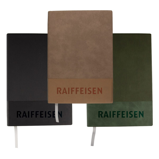 A set of three notebooks in black, khaki, and green, each with a branding logo and textured covers.