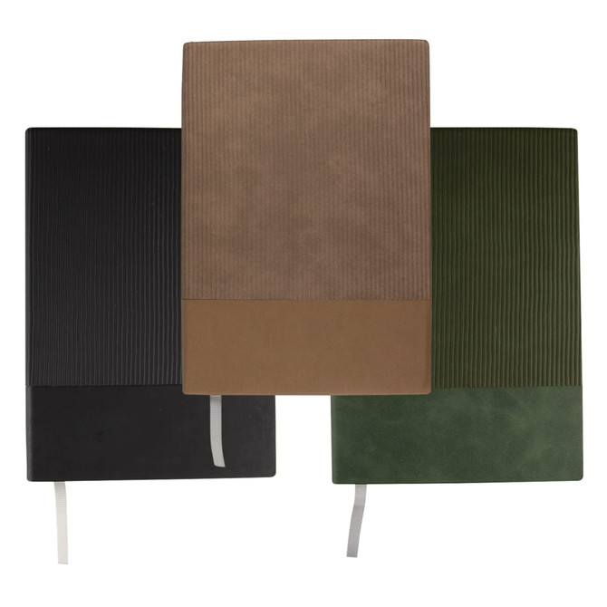 A set of three notebooks in black, brown, and green, featuring textured covers and ribbon bookmarks. Each has a logo.