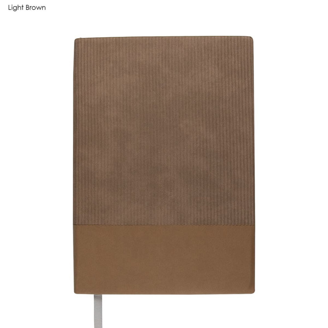 Light brown A5 notebook with a textured cover and a smooth lower section. Includes a logo.
