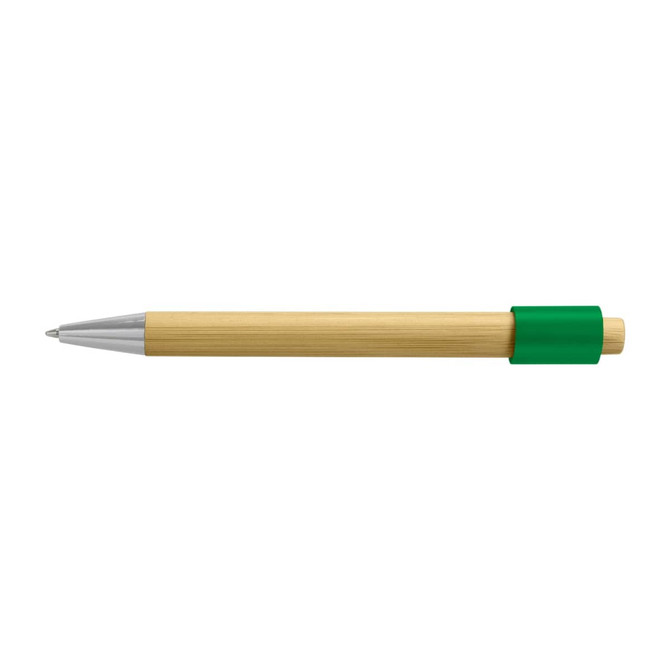 A bamboo pen with a silver tip and a green grip, featuring a logo.