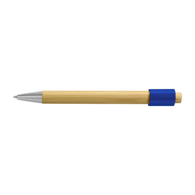 A bamboo spinner pen with a silver tip and blue grip, featuring a branding logo.
