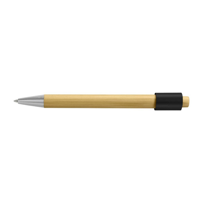 A bamboo spinner pen with a silver tip and a black grip, featuring a branding logo.