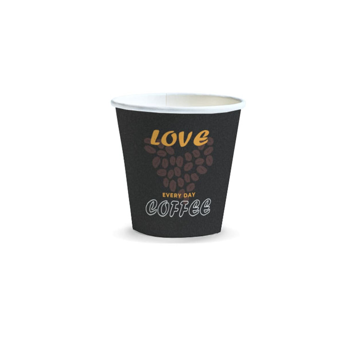 A black paper cup with a heart made of coffee beans, featuring the text "Love Every Day Coffee."