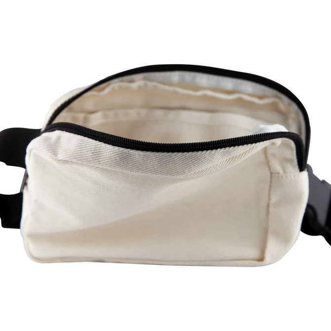 A cream cotton belt bag with a zippered closure and black trim, featuring an open interior.